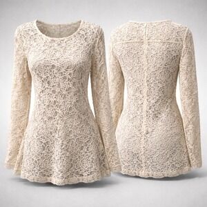 Umgee USA Cream Floral Lace Long Sleeve Top Scalloped Hem Back Zipper Medium‎